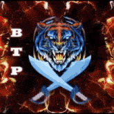 a tiger with two crossed swords in front of a fire background