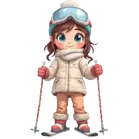 a cartoon girl wearing skis and goggles giving a thumbs up