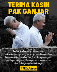 two men standing back to back with the words terima kasih pak ganjar