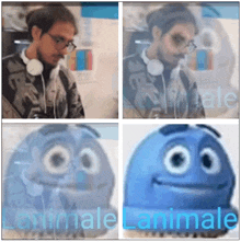 a man wearing headphones and a blue cartoon character with the word animale on the bottom right