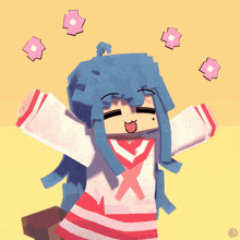 a pixel art of a girl with blue hair and an x on her shirt