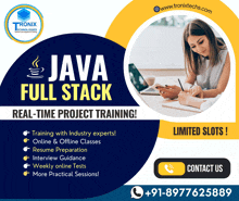 an advertisement for a java full stack real time project training