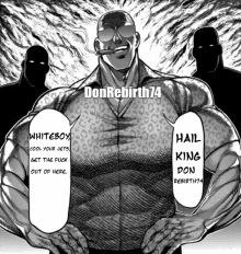 a black and white drawing of a man with a leopard print shirt and sunglasses with the words " hail king don rebirth74 "