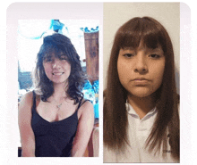 a before and after photo of a girl with a fringe