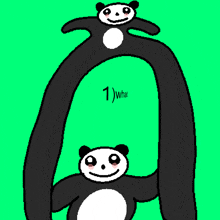 two panda bears are standing next to each other and the number 1 is visible on the green background