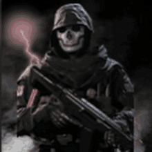 a skeleton is holding a gun in a dark room with lightning in the background .