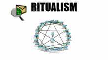 the word ritualism is on a white background with a magnifying glass