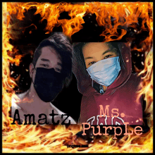 a man and a woman wearing face masks with the name amatz purple in the corner