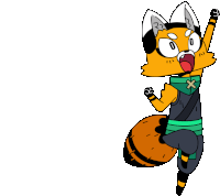 a cartoon fox is jumping in the air with a green x on his neck