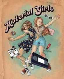 a drawing of two girls holding a vhs tape and sunglasses .