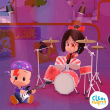 an advertisement for cleo and cuquin shows a girl playing drums and a boy playing a guitar