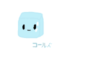 a drawing of a blue cube with a face and chinese writing underneath it