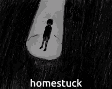 a black and white drawing of a boy covering his face with his hands and the word homestuck written below him