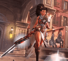 a woman is holding a large sword in front of a sign that says us