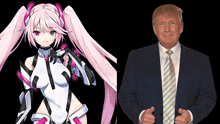 a man in a suit and tie is standing next to a girl with pink hair