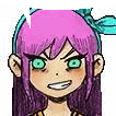 a cartoon girl with long purple hair and green eyes is smiling .