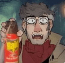 a cartoon of a man holding a bottle of rat spray with his mouth open .