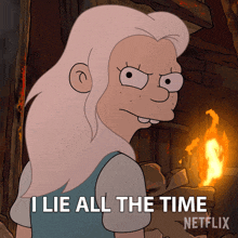 a cartoon character says i lie all the time in front of a fire
