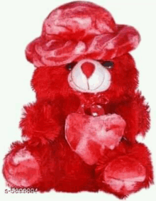 a red teddy bear wearing a hat is holding a heart .