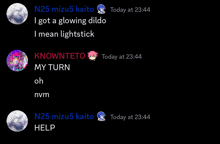 a screenshot of a text message between n25 mizu5 kaito and knownteto