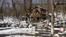 a pink swing is hanging from a tree in a snowy area