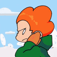 a cartoon character with red hair and a green hoodie is standing in front of a snowy mountain .