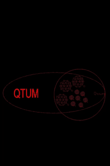 a black background with red circles and the word qtum