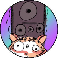 a cartoon cat looking up at a speaker