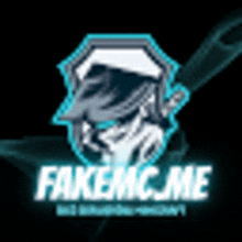 a logo for fakemc.me shows a man wearing a hat and holding a gun .