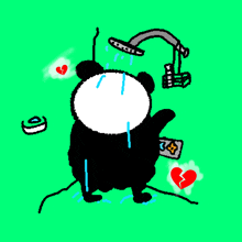 a drawing of a panda bear with a broken heart and a shower head