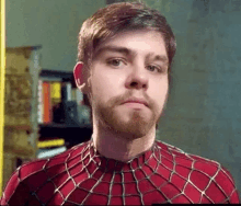 a man with a beard is wearing a spiderman costume and looking at the camera .