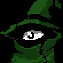 a pixel art of a person 's face with a green hood and a white eye .