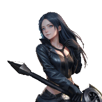 a woman in a black leather jacket holds a spear