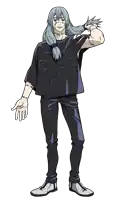 a man with long white hair is wearing a black shirt and black jeans