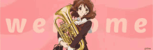 a girl holding a trumpet in front of a pink background that says " welcome "