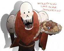 a drawing of papyrus holding a plate of spaghetti with the words " would you like some spaghetti " written on the bottom