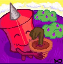 a pixel art drawing of a red cup with a horn on it