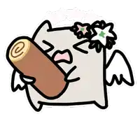 a cartoon drawing of a cat with wings holding a log in its mouth