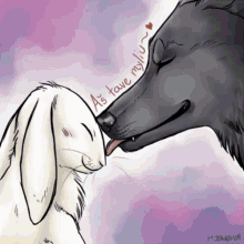 a drawing of a wolf and a rabbit with the words " a is tave my liu "