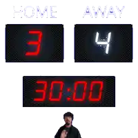 a man stands in front of a scoreboard that says home 3 away 4 and 10:00