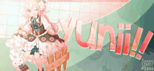 a girl with pink hair is standing in front of a sign that says yuni