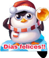 a penguin wearing a santa hat and scarf is holding a bubble and says dias felices !!