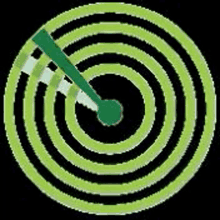 a green and black radar with a green arrow pointing to the center of the circle .