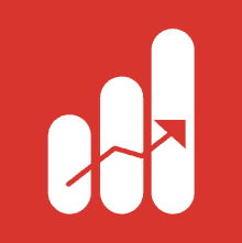 a red background with a white icon of a bar graph with an arrow pointing up