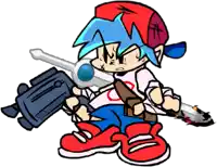 a cartoon character holding a gun and a knife