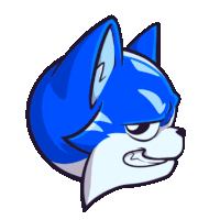 a cartoon drawing of a blue and white fox with an angry look on his face