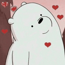 ice bear from we bare bears is surrounded by hearts and trees .