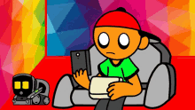 a cartoon of a boy sitting in a chair looking at a tablet