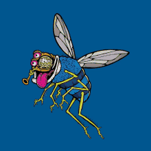 a cartoon drawing of a fly with a tongue sticking out