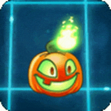 a cartoon pumpkin with a fireball coming out of it 's mouth .